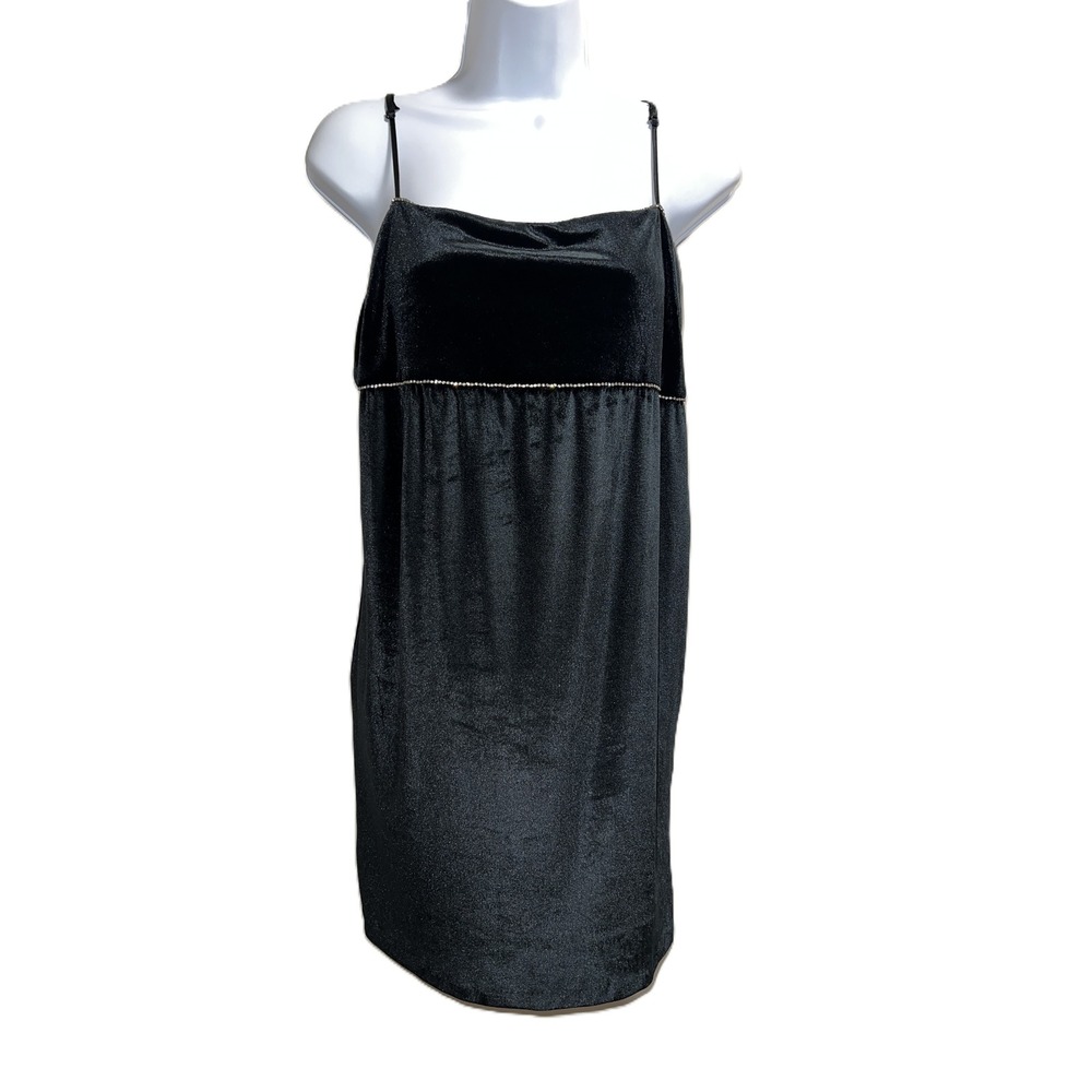 Y2K Whimsigoth Urban Outfitters Black Velvet Mini Dress Rhinestone Trim Size L - Picture 2 of 8